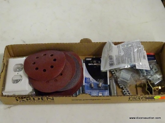 (R5) TRAY LOT TO INCLUDE; GATOR P80 SANDING DISCS, COOPER WIRING RECEPTACLE COVERS, FEIT G4-1/2