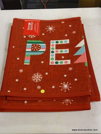 (R5) LOT OF (5) HAPPY HOLIDAYS ACCENT RUGS; DEPICTS THE WORD "PEACE" WITH A CHRISTMAS TREE IN THE