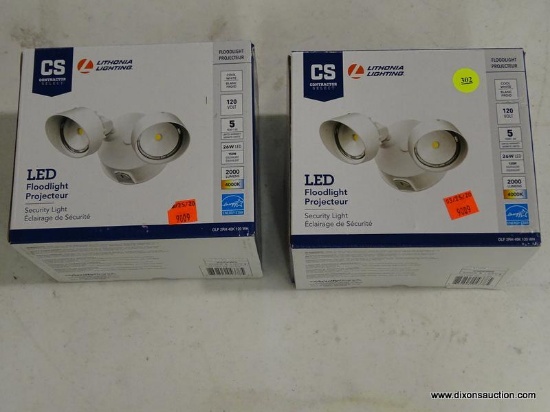 (R5) LOT OF (2) LITHONIA LIGHTING 26W LED 2000 LUMENS SECURITY FLOODLIGHTS; WHITE IN COLOR. OPEN