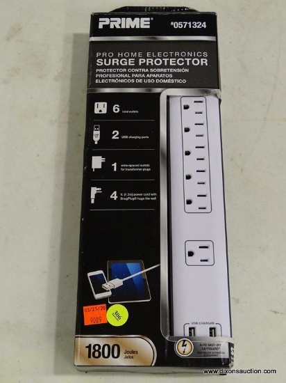 (R5) PRIME 6-OUTLET 1800 JOULES 1875-WATT USB & AC; 6 GROUNDED OUTLETS, 2 USB PORTS (2.1 AMPS