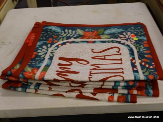 (R5) LOT OF (5) HAPPY HOLIDAYS ACCENT RUGS; THE WORDS MERRY CHRISTMAS SURROUNDED BY CHRISTMAS DECOR.