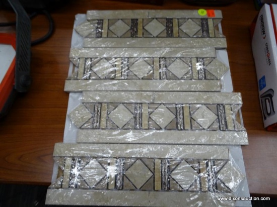 (R5) CERAMIC TILE; SET OF 4 MOSAIC BACKSPLASH/WALL TILES. EACH MEASURES 13" X 4", AND HAS A CRACK IN