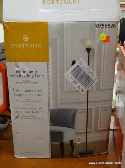(R5) PORTFOLIO FLOOR LAMP; 71-IN BLACK SHADED FLOOR LAMP. FLOOR LAMP PROVIDES VERSATILE LIGHTING