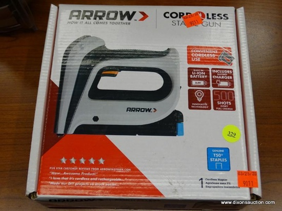 (R5) ARROW STAPLE GUN; CORDLESS 3.6V BATTERY POWERED STAPLE GUN. 500 SHOTS EVERY FULL CHARGE. ITEM #