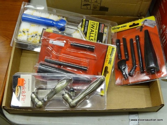 (R5) TRAY LOT OF ASSORTED ITEMS; LOT INCLUDES ANTIQUE BRASS QUICKFIT HANDLE SET, 2 PACKS OF SHOP VAC