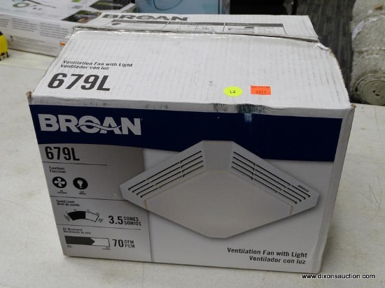 (R6) BROAN 3.5-SONE 70-CFM WHITE BATHROOM FAN WITH LIGHT; MODEL #679L. COMES IN ORIGINAL BOX, IT HAS