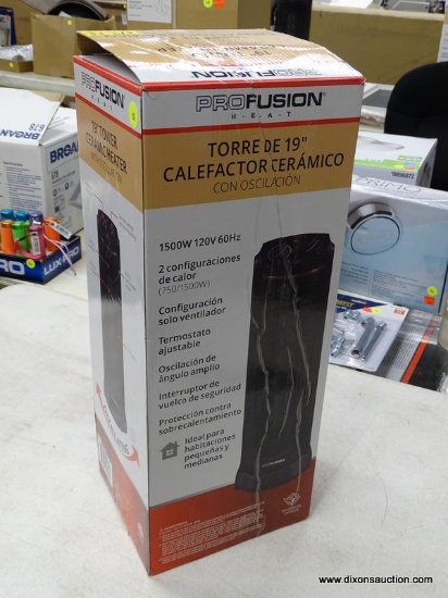(R6) PROFUSION HEAT 1500-WATT CERAMIC TOWER ELECTRIC SPACE HEATER; MODEL #FH126A. 2 HEAT SETTINGS,