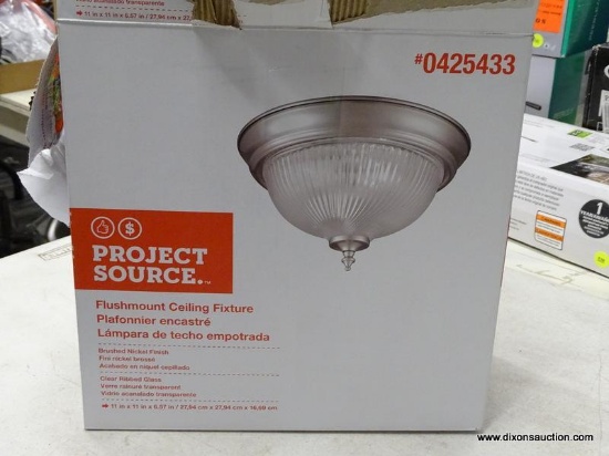 (R6) PROJECT SOURCE 11-IN BRUSHED NICKEL TRADITIONAL FLUSH MOUNT LIGHT; MODEL #0425433. COMES IN