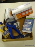 (R5) TRAY LOT TO INCLUDE; G.E. 3-PACK SOFT WHITE 40W LIGHT BULBS, EXPANDABLE DRYER DUCT, IRWIN 6