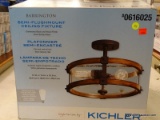 (R5) KICHLER BARRINGTON 3-LIGHT DISTRESSED BLACK AND WOODTONE RUSTIC CLEAR GLASS CHANDELIER; MODEL