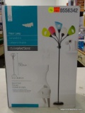 (R5) HOME STYLE SELECTIONS BLACK FINISHED FLOOR LAMP; MODEL #0556342. MULTI-COLORED SHADES, ONE IS
