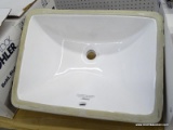 (R1) BATHROOM SINK; WHITE RECTANGULAR UNDERMOUNT BATHROOM SINK. HAS GLUE AROUND THE EDGES. MEASURES