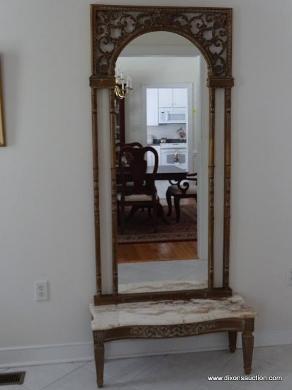 (HALL) PIER MIRROR AND BASE; VINTAGE GOLD FLORAL ACCENT PIER MIRROR RESTING ON MARBLE BASE- 36 IN X