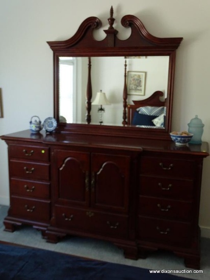 (MBED) DRESSER WITH MIRROR; CHERRY 12 DRAWER DRESSER WITH MATCHING MIRROR AND 2 IN BANDED TOP- 12