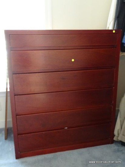 (MCLOSET) MODERN CHEST, MAHOGANY 6 DRAWER CHEST- VERY GOOD CONDITION- 43 IN X 23.5 IN X 50 IN