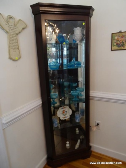 (DR) CHERRY CORNER CURIO; CHERRY CORNER CURIO WITH CATHEDRAL BEVELED GLASS DOORS, MIRRORED BACK AND