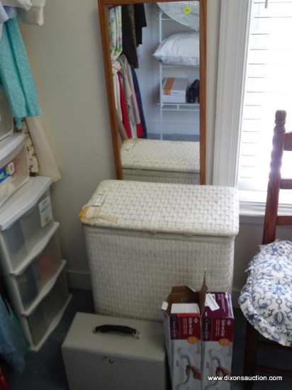 (MCLOSET) MISC.. LOT; LOT INCLUDES A WALL MIRROR- 13 IN X 49 IN, WICKER CLOTHES HAMPER WITH DAMAGE,