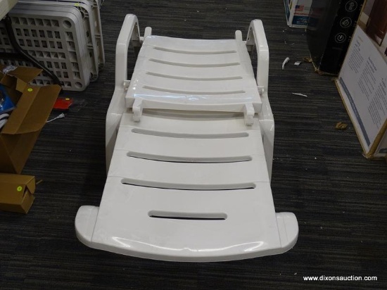 (R2) ADAMS CHAISE LOUNGE CHAIR; WHITE PLASTIC, STACKABLE CHAIR LOUNGE CHAIR WITH SLAT SEAT AND AN