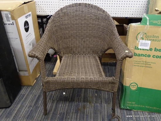(R1) WICKER CHAIR; WORN BROWN FINISH, STACKABLE WICKER ARM CHAIR. MEASURES 29" X 27" X 34.5". WICKER