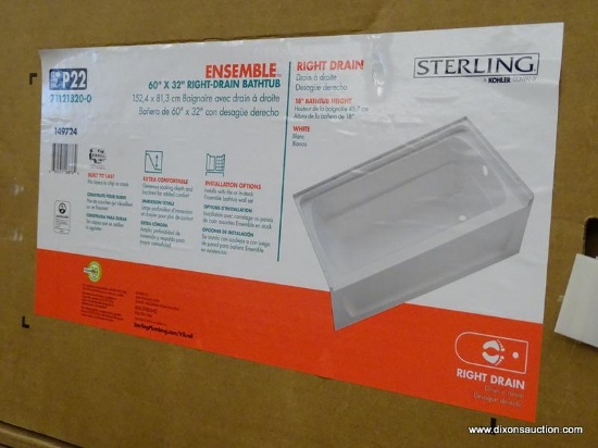 (R1) STERLING RIGHT HAND DRAIN BATHTUB; ENSEMBLE COLLECTION, WHITE VIKRELL, RECTANGULAR, ALCOVE