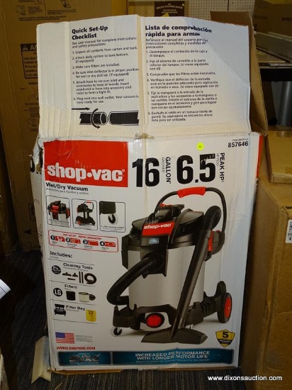 (R2) SHOP VAC WET/DRY VACUUM; 16 GALLON, 6.5 HP Wet/DRY VAC. COMES IN OPENED BOX.