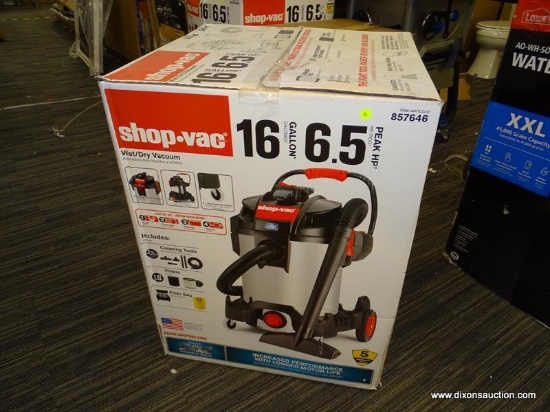 (R2) SHOP VAC WET/DRY VACUUM; 16 GALLON, 6.5 HP WET/DRY VAC. COMES IN OPENED BOX.