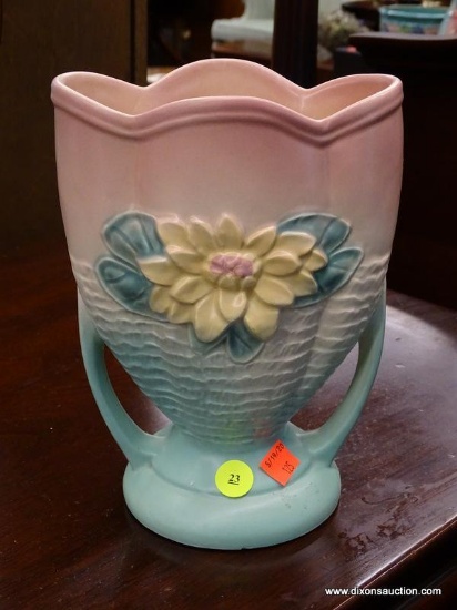 (R1) HULL WATER LILY VASE; HULL CERAMIC, TROPHY URN SHAPED, CREAM, PINK, AND GREEN WATER LILY VASE.