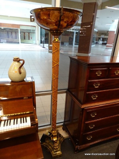 (R1) TORCHIERE FLOOR LAMP; BEAUTIFUL FLOOR LAMP WITH A LEADED GLASS BOWL SHADE, A REEDED BAMBOO LIKE