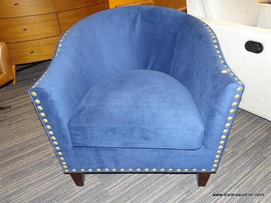 POTTERY BARN HARLOW UPHOLSTERED ARMCHAIR; BLUE UPHOLSTERED BARREL CHAIR. FOR A DESIGN THAT WORKS