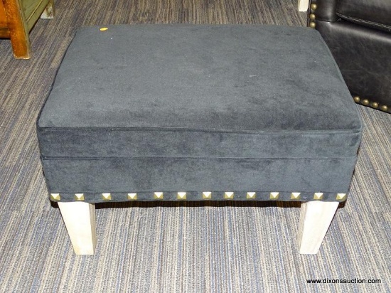 POTTERY BARN KIDS OTTOMAN; BLACK MICROFIBER OTTOMAN WITH BRONZE PYRAMID UPHOLSTERY NAILS AND WASHED