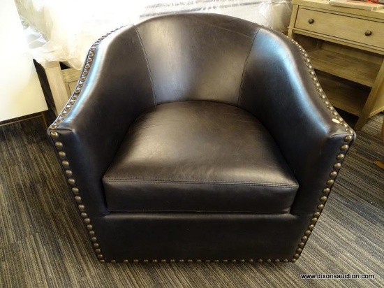 POTTERY BARN HARLOW LEATHER SWIVEL ARMCHAIR, BLACK; AN UPDATED DESIGN THAT WORKS WELL IN ALL SPACES,