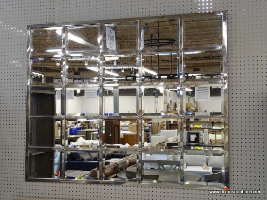 LARGE MULTI PANEL MIRROR; MODERN, 25 PANEL, BEVELED EDGE MIRROR WITH A CHROME FINISHED FRAME.