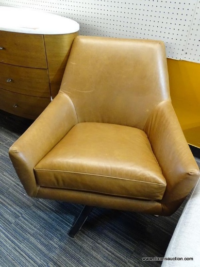 WEST ELM LUCAS SWIVEL BASE CHAIR, LEATHER, SADDLE, BURNISHED BRONZE; THE SWIVEL BASE AND MODERN