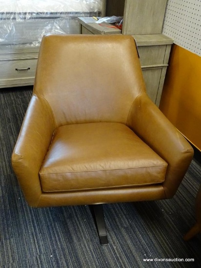 WEST ELM LUCAS SWIVEL BASE CHAIR, LEATHER, SADDLE, BURNISHED BRONZE; THE SWIVEL BASE AND MODERN