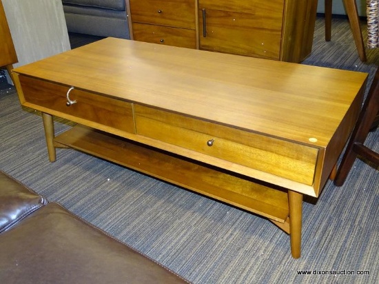 MID-CENTURY STORAGE COFFEE TABLE - ACORN; EQUIPPED WITH TWO DRAWERS AND AN OPEN SHELF, THE