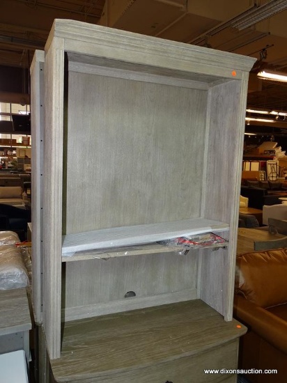 POTTERY BARN LIVINGSTON DOUBLE BOOKCASE HUTCH, GRAY WASH, 35" WIDE; THE WOODS RICH GRAIN ENHANCED