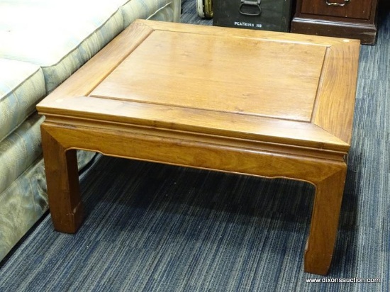 ORIENTAL COFFEE TABLE; SQUARE, ROSEWOOD, ORIENTAL COFFEE TABLE. MEASURES 32" X 32" X 16".