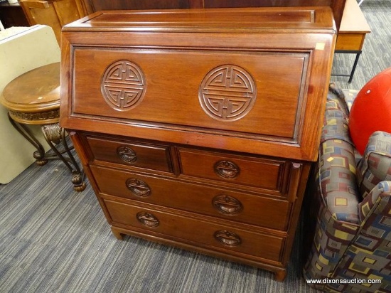 ORIENTAL SECRETARY DESK; ROSEWOOD SECRETARY DESK WITH 4 BOTTOM DRAWERS AND A DROP FRONT DESK TOP