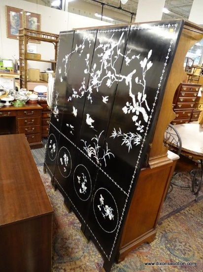 ORIENTAL FOLDING SCREEN; PACK LACQUER, 4-PANEL WOODEN SREEN WITH A MOTHER OF PEARL INSERTED NATURE