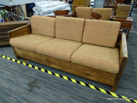 KID'S ROOM SLEEPER SOFA; QUEEN SIZE SLEEPER SOFA WITH A SOLID RUSTIC OAK FRAME AND REDISH YELLOW
