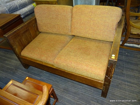 KID'S ROOM LOVESEAT; RUSTIC LOVESEAT WITH A SOLID OAK FRAME AND REDDISH YELLOW CUSHIONS. MEASURES