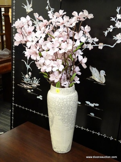 VASE WITH ARTIFICIAL FLOWERS; CERAMIC, CREAM COLORED VASE FULL OF AWESOME PINK ARTIFICIAL FLOWERS.