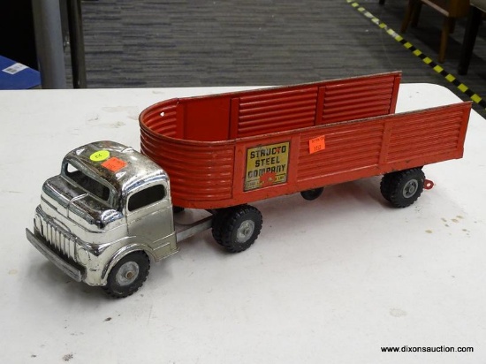 VINTAGE STRUCTO STEEL COMPANY SEMI CAB WITH TRAILER; CHROME TRUCK WITH A RED TRAILER. MEASURES 20.5"