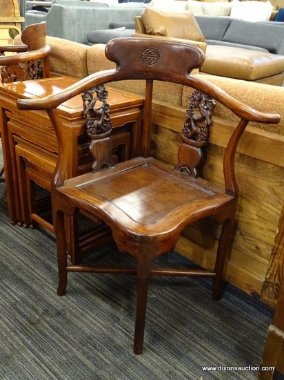 ORIENTAL CORNER CHAIR; 1 IN A PAIR OF ORIENTAL, ROSEWOOD CORNER CHAIRS WITH BEAUTIFULLY CARVED, BIRD