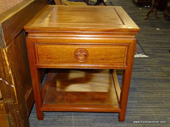 ORIENTAL END TABLE; 1 IN A PAIR OF ORIENTAL, ROSEWOOD END TABLES WITH A SINGLE DRAWER AND A LOWER