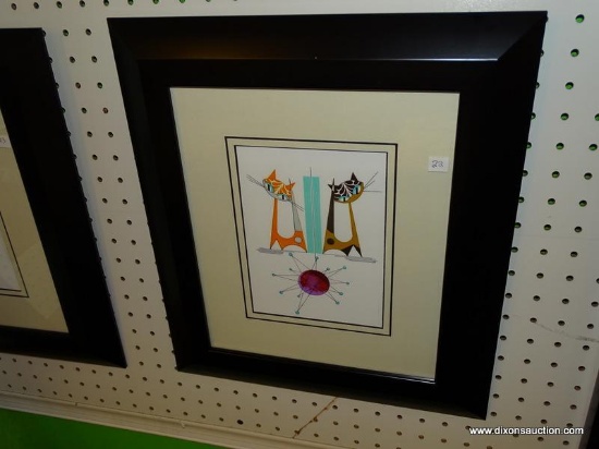MID CENTURY MODERN CATS; ABSTRACT SCENE OF AN ORANGE AND BROWN CAT ON EITHER SIDE OF A TEAL WALL