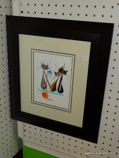 MID CENTURY MODERN CATS; ABSTRACT SCENE OF 3 CATS SITTING ON A BENCH WITH ONE CAT FOCUSED ON A MOUSE
