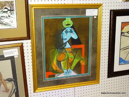 PABLO PICASSO "WOMAN IN ARMCHAIR" FRAMED PRINT; ABSTRACT, GICLEE PRINT BY PABLO PICASSO OF A BLUE