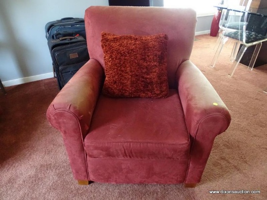 (DR) UPHOLSTERED ARM CHAIR; ROLLING ARM, RED UPHOLSTERED ARM CHAIR WITH BLOCK FEET. MEASURES 35" X