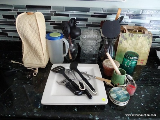 (KIT) MISC.. LOT; LOT INCLUDES 2 NAUTICA PLATTERS, 5 ASHTRAYS ( 2 MARLBORO), KITCHEN UTENSILS IN